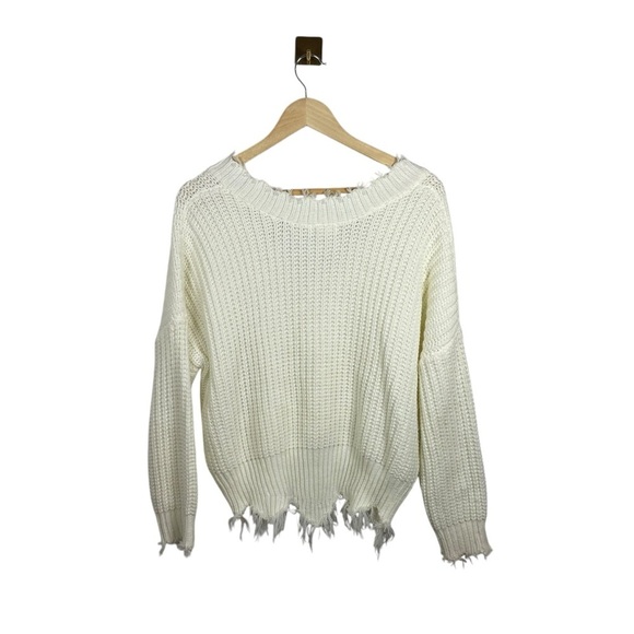 Main Strip Women’s V-Neck Frayed Cropped Sweater in Ivory Size S - Picture 4 of 9